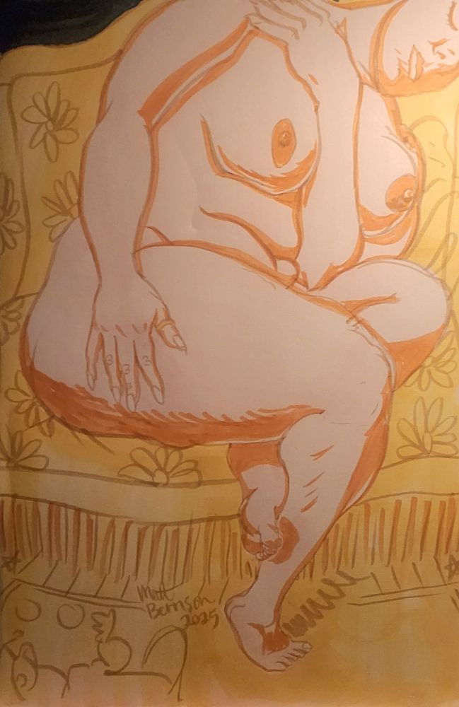 Color drawing of a nude woman resting on a couch