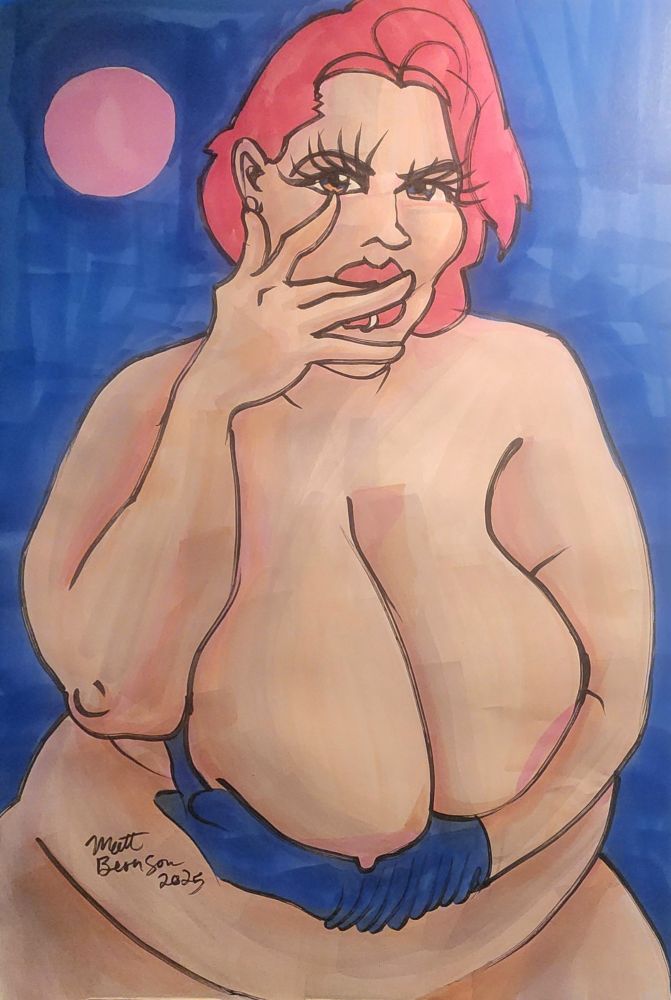 A drawing of a woman holding her chest with a blue glove 