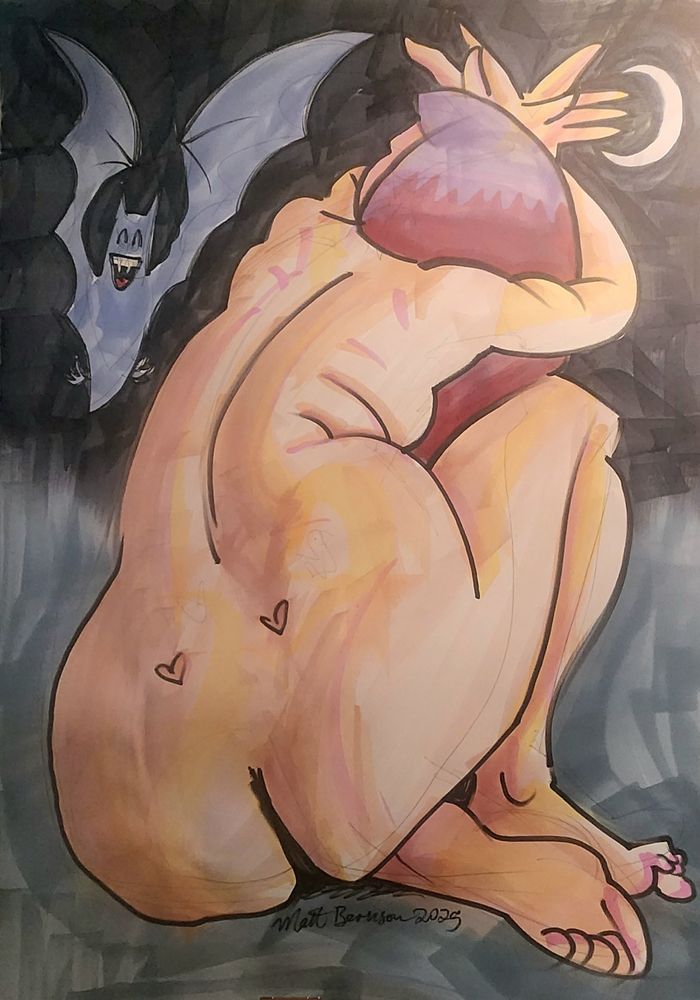 Color drawing of a nude woman holding her hands up, a bat in the sky, and crescent moon. 