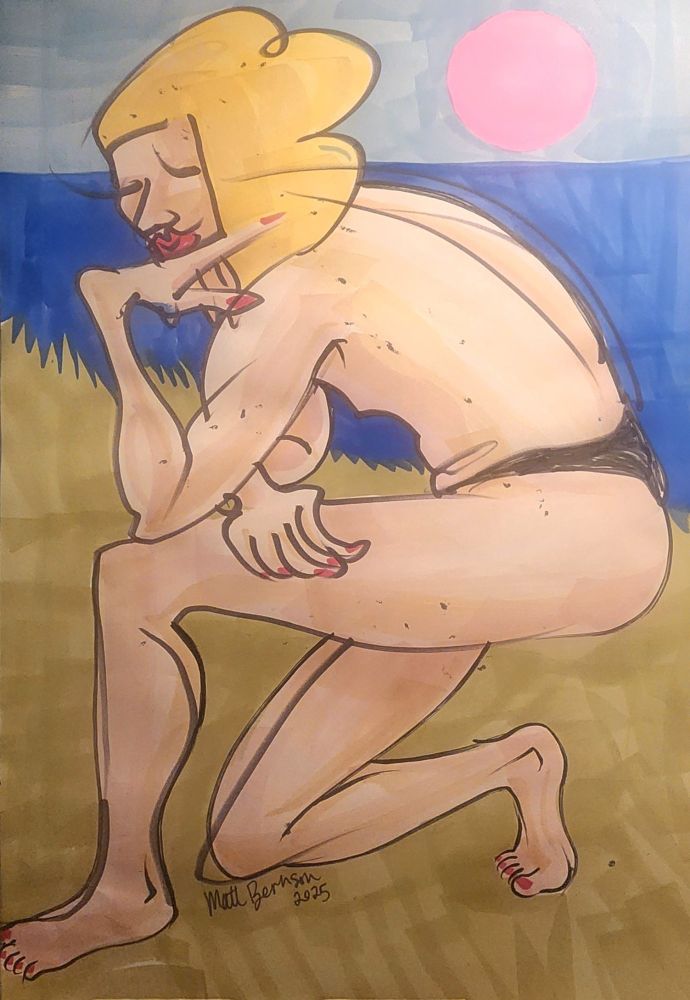 Color drawing of a person kneeling