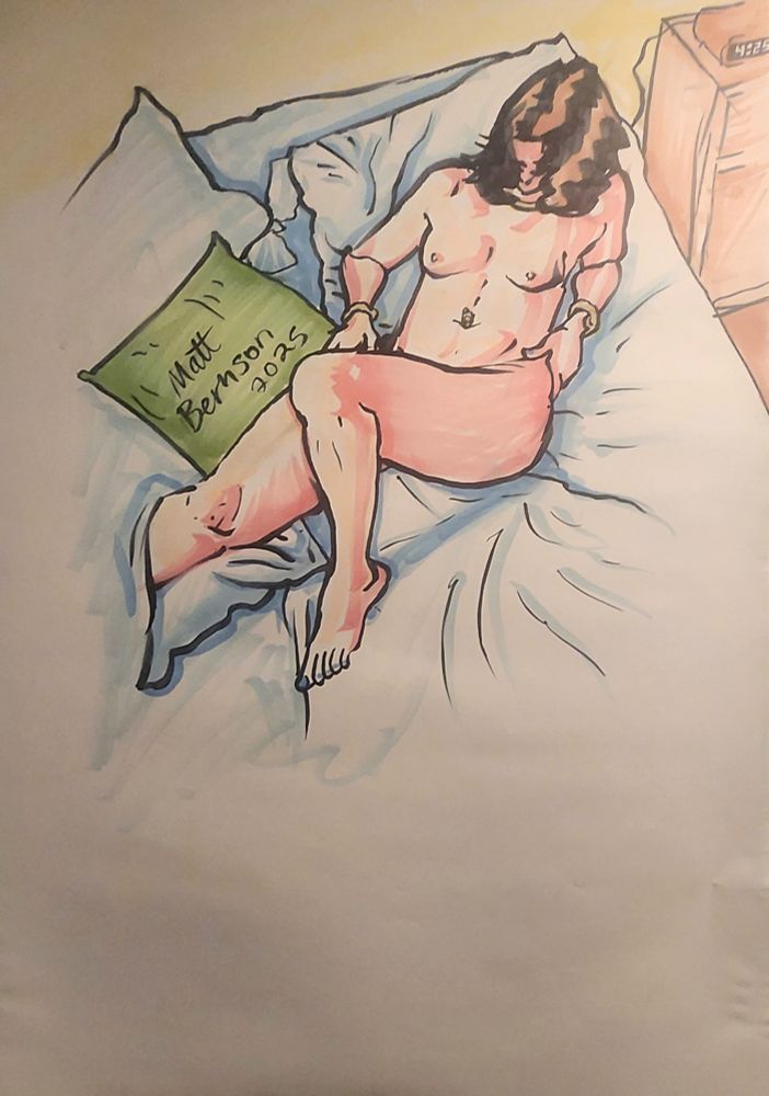 Color drawing of a nude woman laying in bed