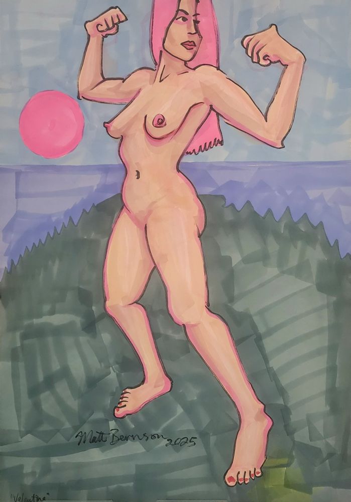 Color drawing of a nude woman flexing her arms