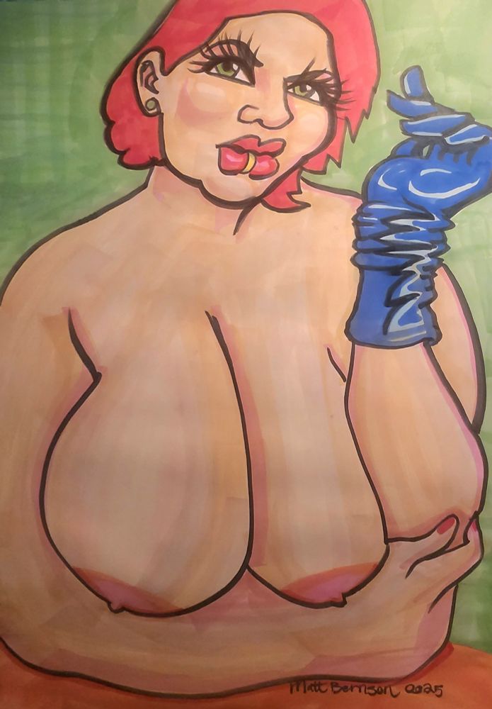 Color drawing of a woman's face and chest, she's wearing a blue glove