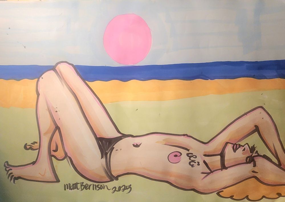 Color drawing of a person laying down, knees up