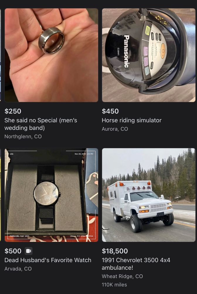 facebook marketplace posts:
"she said no Special (men's wedding band)"
panasonic "horse riding simulator"
"Dead Husband's Favorite Watch"
"1991 Chevrolet 3500 4x4 ambulance!" (why does it have a lift kit??)