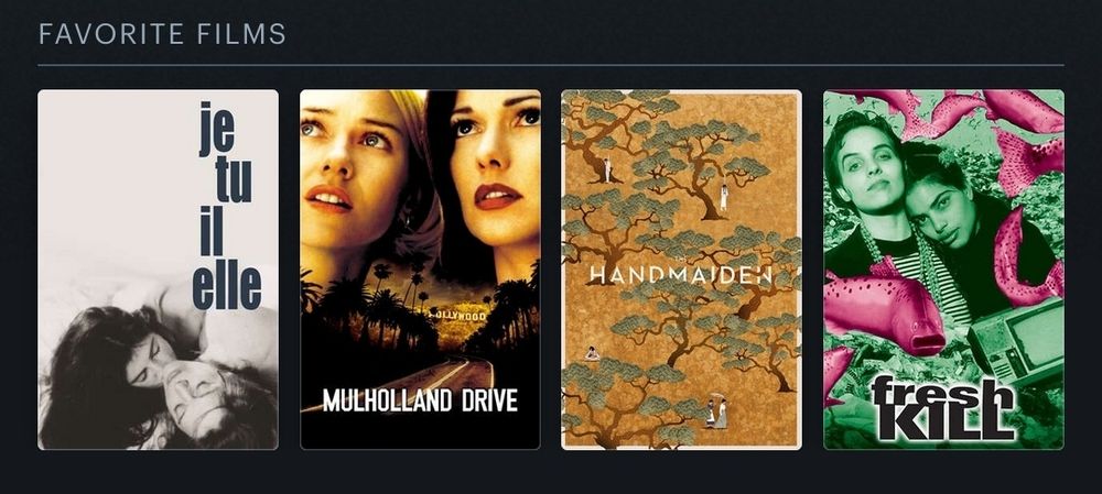 four favourite films from letterboxd: je tu il elle, mulholland drive, the handmaiden, fresh kill