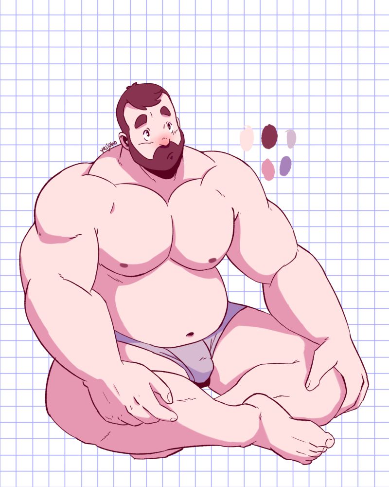 a digital illustration of a big burly guy with a pleading facial expression. he is only wearing boxer briefs.

tags: #art #bara #baraart #OC