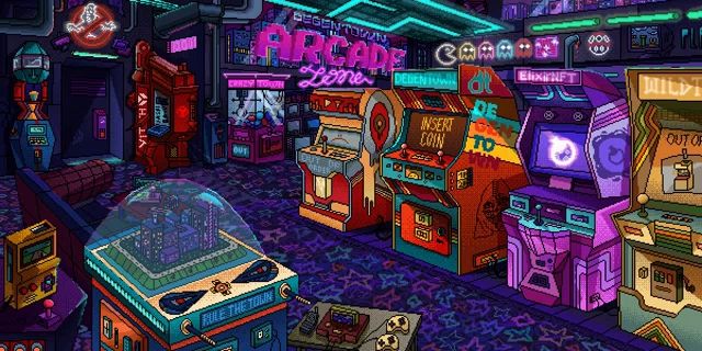 a pixel art illustration of an arcade with a sign that says arcade love