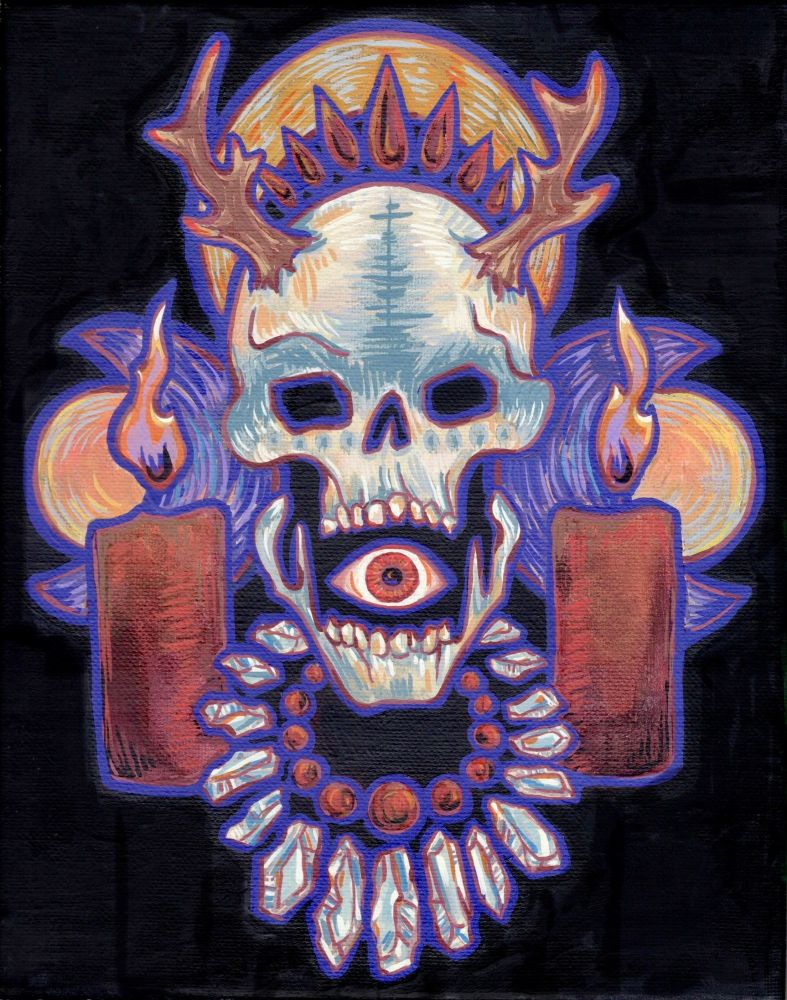 The Nightborne Collection art featuring a skull with horns wearing a crown and necklaces surrounded by floating candles and moons 