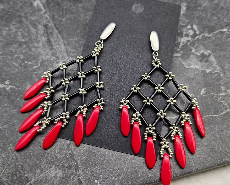Black and red bead sewn earrings. 