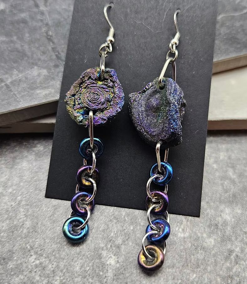 Rough rainbow stone and rainbow chain earrings 