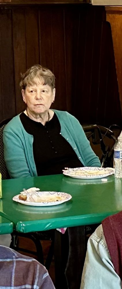 Professor Vardi looking serious listening to the celebration of her academic career at UB. Short hair, wearing a green sweater, with a finished picnic in front of her, the dark wood paneling of the Parkside Lodge in one of Buffalo's Olmsted Parks behind her.