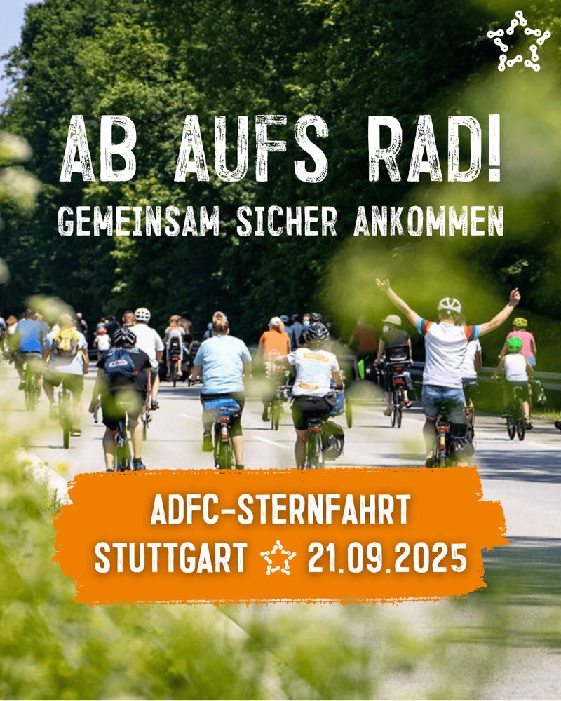 Sharepic mit Motto, Titel, Zeit und Ort.
Hintergrundbild: Radfahrende auf Bundesstraße neben Baumreihe.
Rechts oben: Kettenstern als Logo für Radsternfahrten.