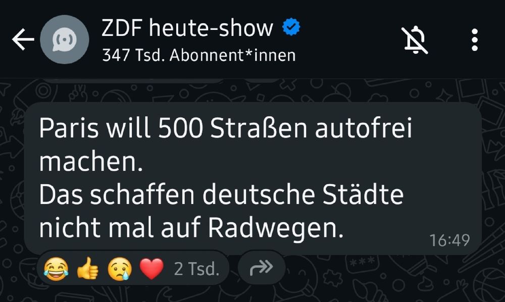 Screenshot des ZDF heute-show Whatsapp Channel mit dem Zitat 