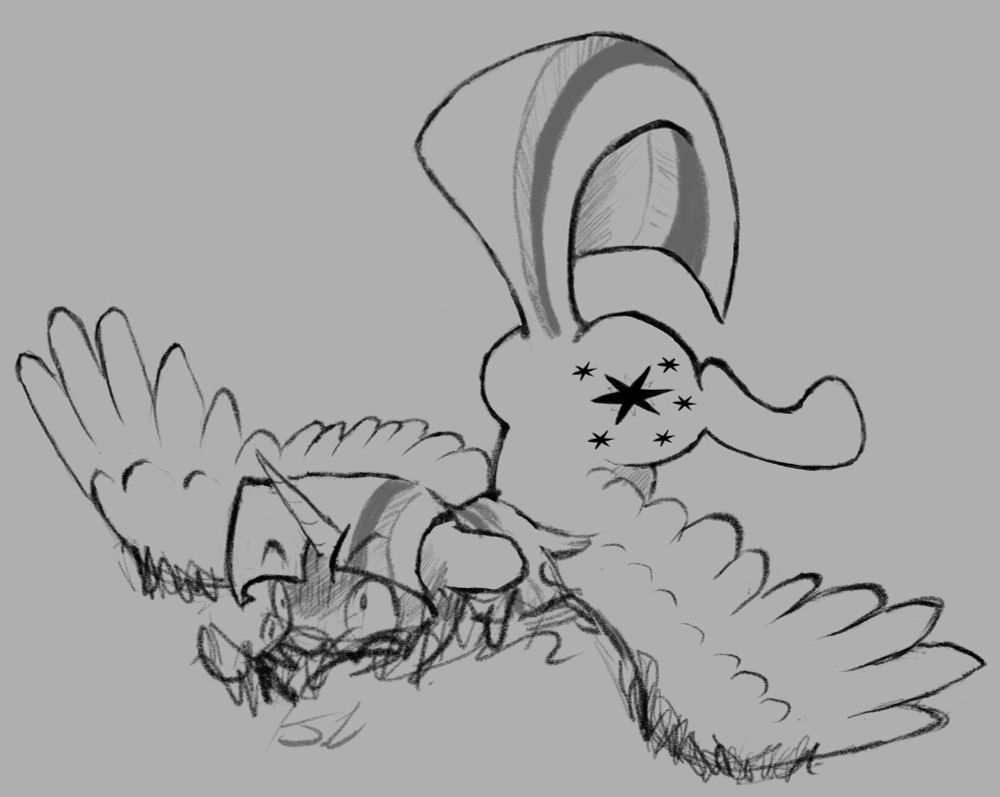A digital drawing of Twilight Sparkle the main protagonist from My Little Pony generation 4 having face planted into the ground when trying to land, her ass is in the air, wings splayed out and a look of surprise on her face. The entire drawing is a simple black outline with small amounts of grey shading for details.