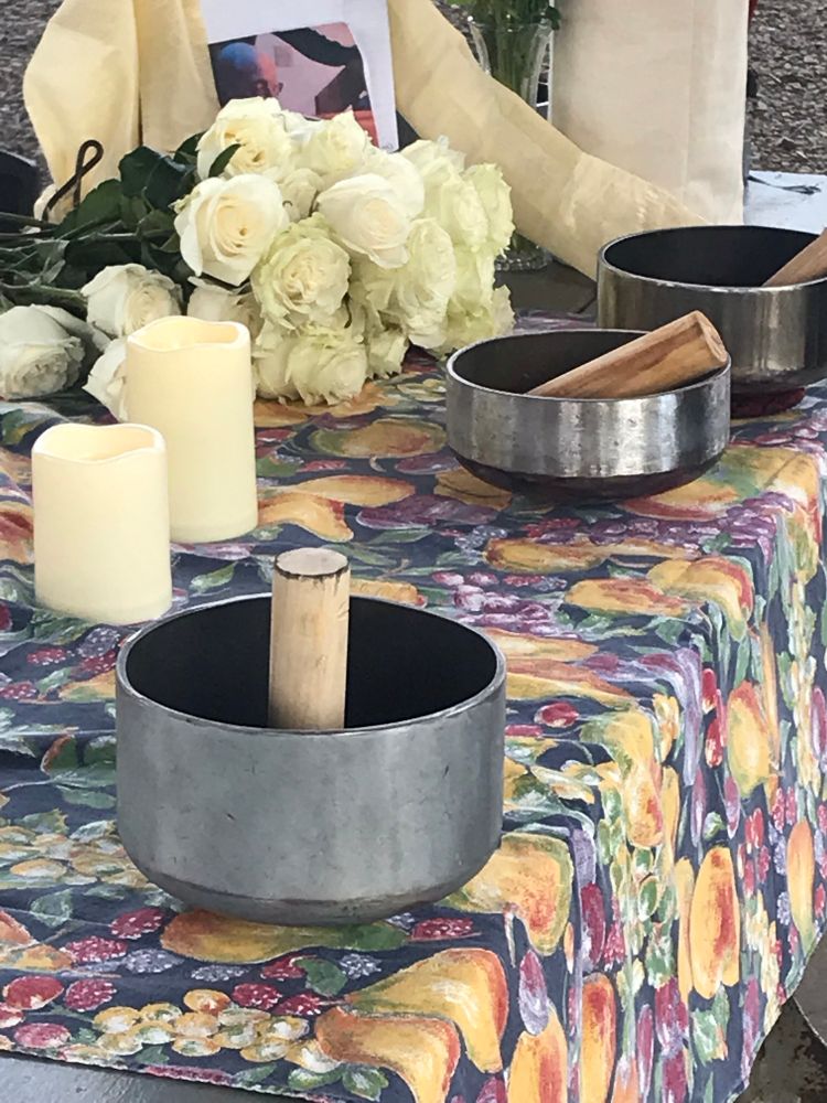 Friends brought singing bowls, crafted by Malcolm from discarded cylindrical tanks. Here are a few of them. A beautiful outpouring of sound when they were played together.