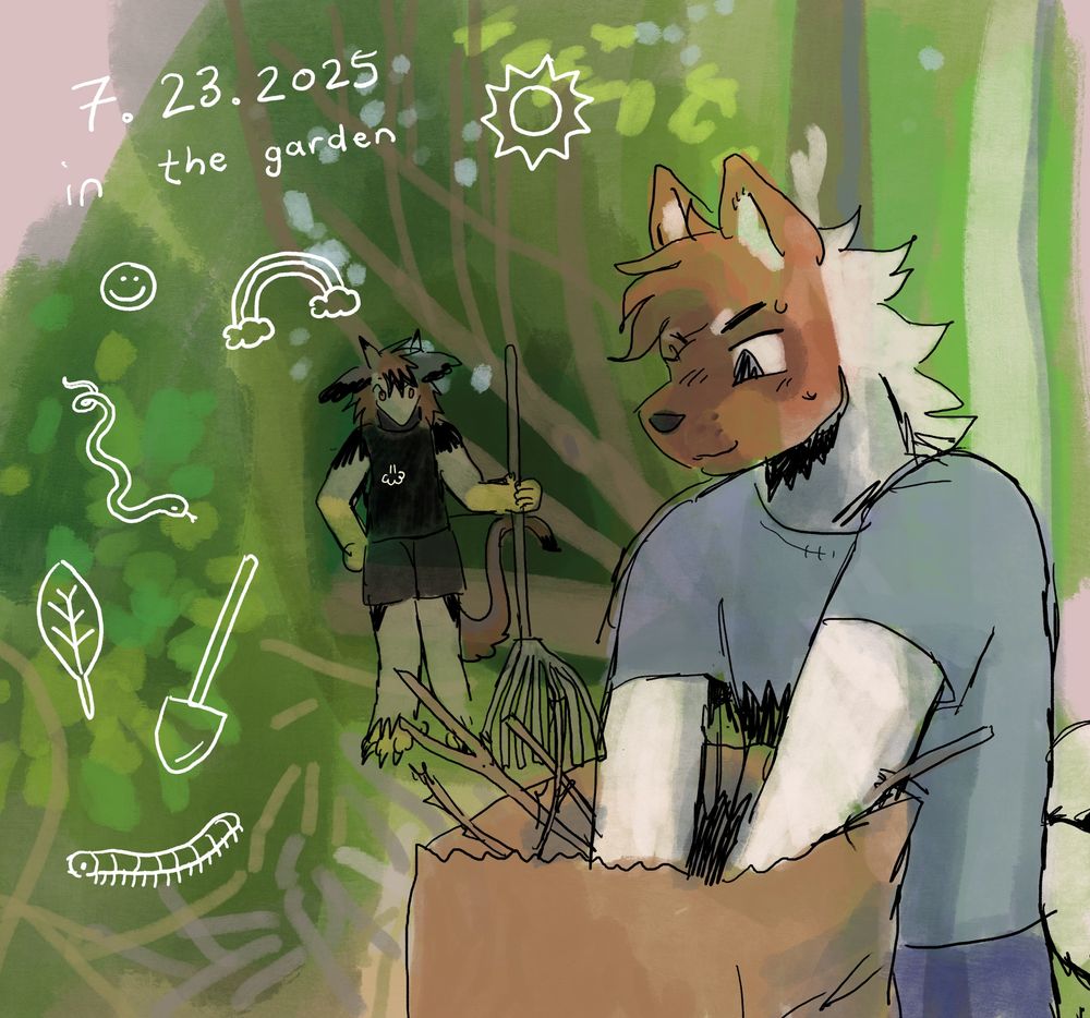 A digital drawing of a sunny outdoor scene lush with trees, bushes, and other greenery. In the foreground, Kai the American akita stuffs yard debris into a brown paper refuse bag. In the background, Vec the feathered dragon stands idly in the shade, holding a rake. Adjacent, hand writing reads “7.23.2025 in the garden,” with several rudimentary doodles of a sun, a rainbow, a smiley face, a snake, a leaf, a shovel, and a millipede. 