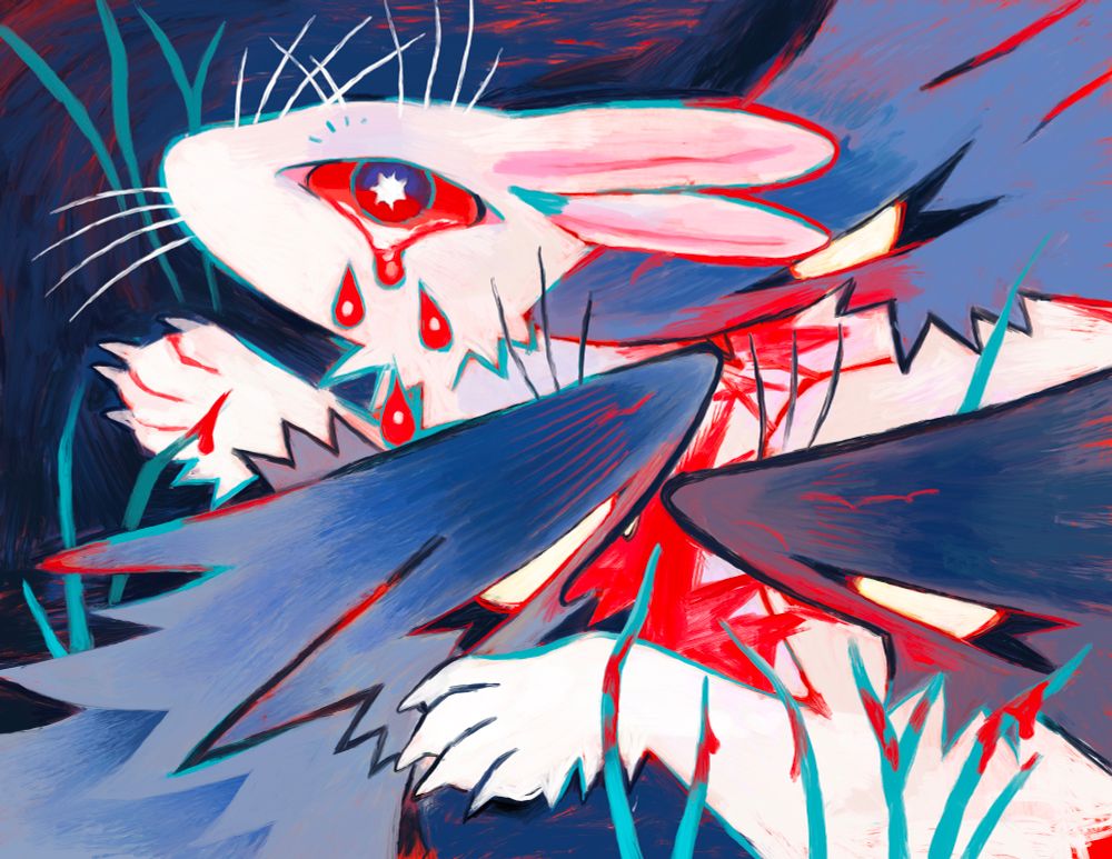 A digital painting of a white rabbit being predated upon by three blue-grey wolves. The wolves’ teeth sink into the rabbit’s neck and shoulder, leaving bright red stains on both the rabbit’s fur and on the blue-green blades of grass on the ground. Thick, red tears fall from the rabbits wide, red eye with a shining white star in the center of the pupil.