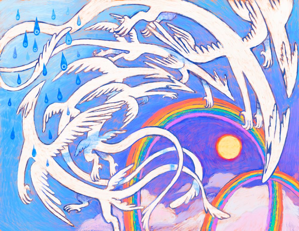 A digital painting of several long, slender, white, dragon-like creatures with feathery wings and ears in flight. The sky is bright blue, with interspersed clouds, two rainbows, and a burning sun in the bottom right quadrant. Large raindrops fall in the upper left quadrant.