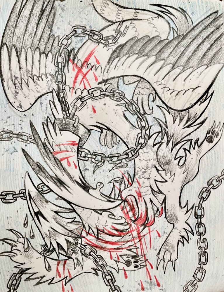 A pencil drawing of a bloody fight between a wolf and a feathered dragon creature. The two are wearing collars with long chains attached which curve and weave throughout the image. 