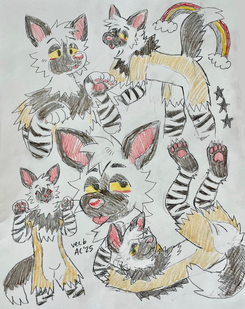A page of drawings in graphite and colored pencil featuring an anthro striped hyena character.