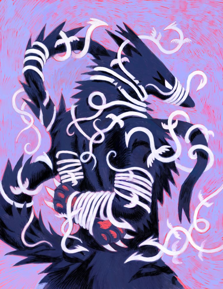 A digital painting featuring a dark, scruffy, wolf-like creature with spiky fur and a long tail, its back facing the viewer. Tiny white dragons with long, thin bodies and small feathered wings fly about, wrapping themselves around the wolf’s arms, tail, neck, and snout, effectively binding its arms behind its back. The background is lilac with bits of red underpainting showing through the marks.