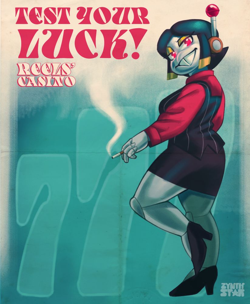 A vintage poster of JimBagg’s character Reels advertising a fictional casino