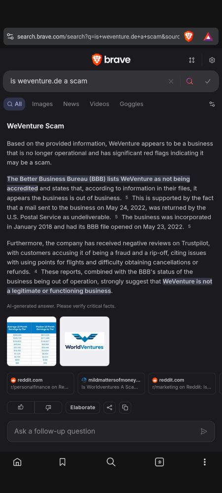 An AI summary through Brave says this company is not accredited and there are also multiple companies using the WeVenture name, including "sales" and "travel" and is no longer a registered company, despite some of the leart results for the website showing it's registered in Germany. 