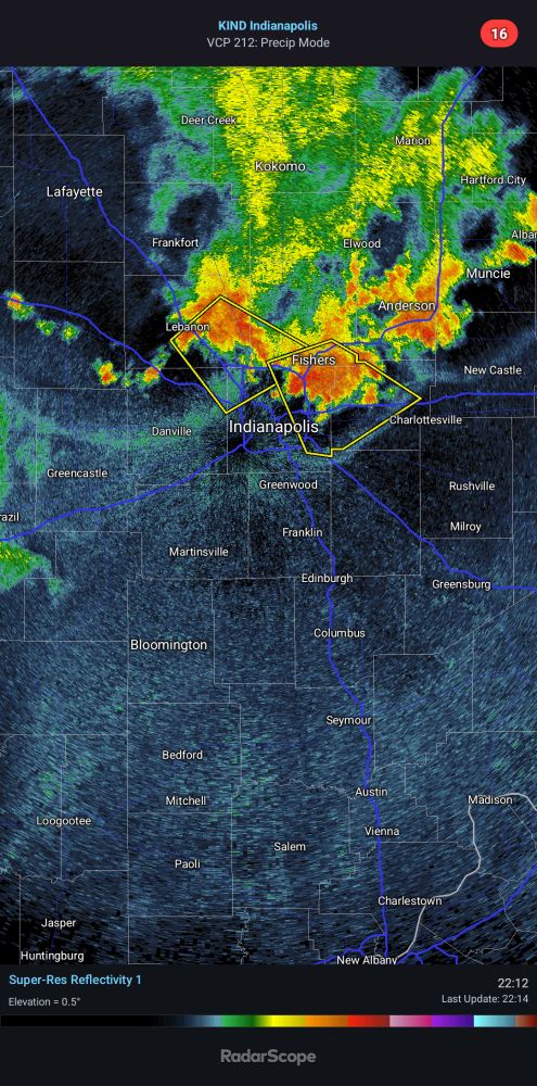 A radar image of the Indianapolis area, with storms moving in from northwest to southeast. Local time showing 22:12 (10:12 PM). Two different Severe Thunderstorm Warning polygons indicate severe storms showing in Boone into Marion counties, and Marion into Hancock counties. 