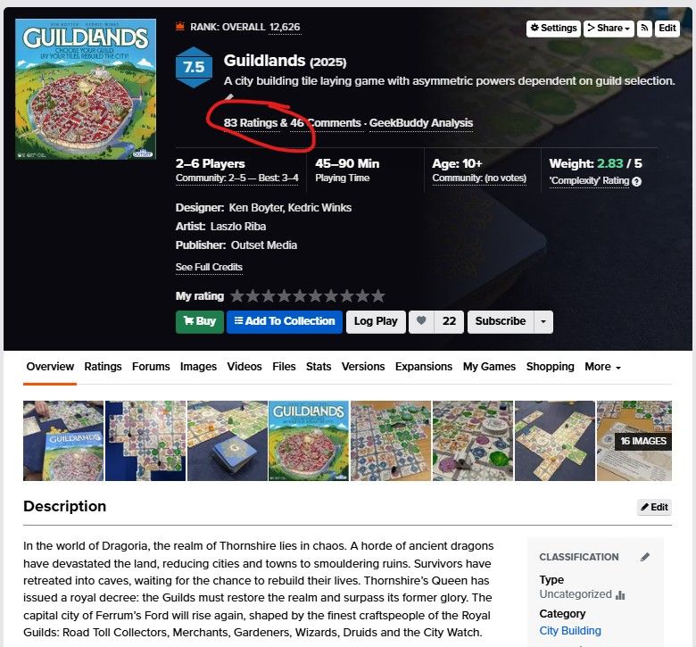 Clip of the boardgamegeek page for Guildlands.