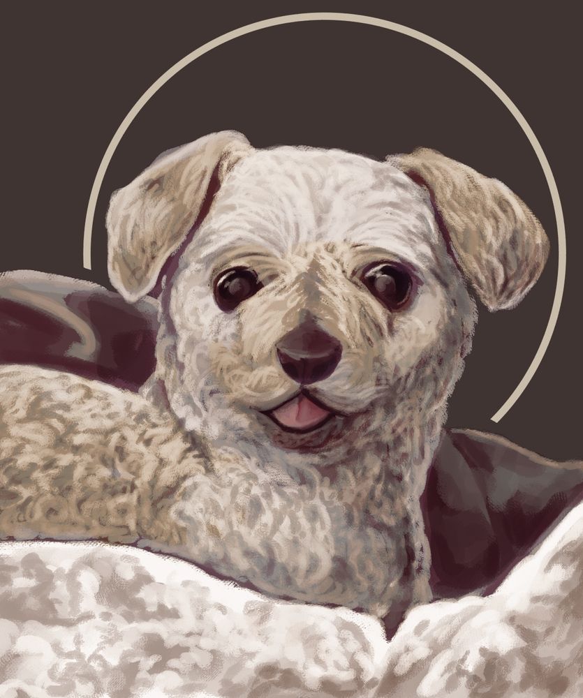 a digital painting of a small white dog