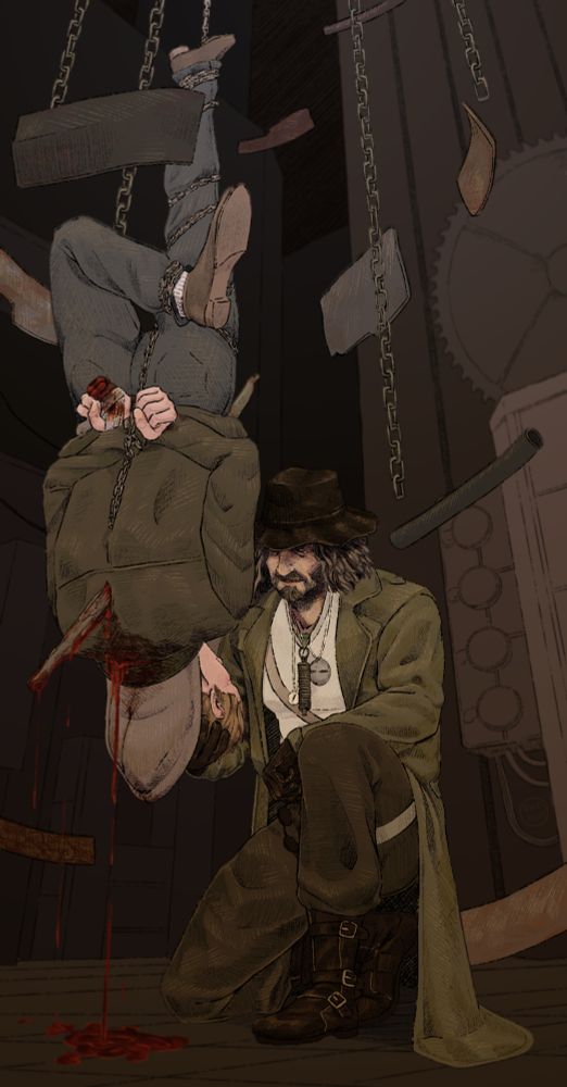 A drawing of Karl Heisenberg and Ethan Winters from Resident Evil 8. Ethan's been impaled.