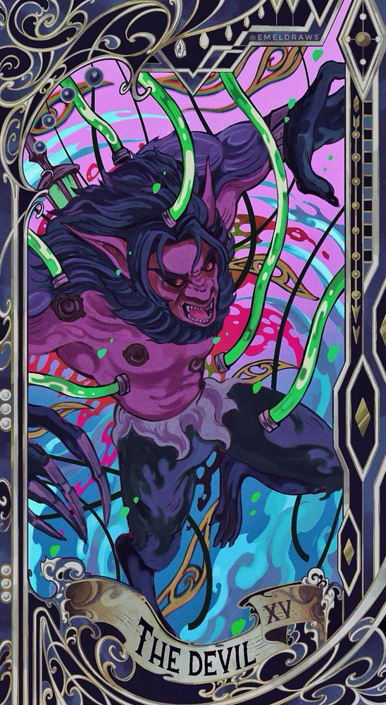 Tarot card illustration of Warwick from Arcane, portrayed as The Devil