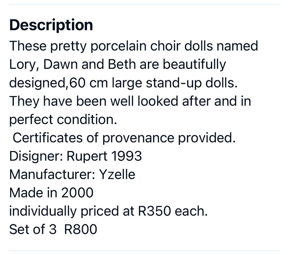 Advert description of three porcelain dolls, including designer and brand names