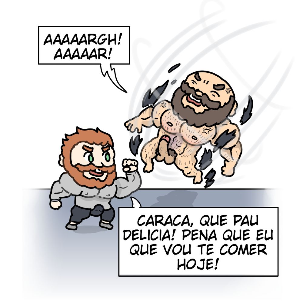 O impacto do soco faz com que as roupas do marombado sejam destruidas e ele voa com o golpe, expondo seu pau ereto enquanto ele solta um grosso gemido. O fortão ruivo, agora de pênis ereto comenta: "Caraca que pau delicia! Pena que eu que vou te comer hoje!"