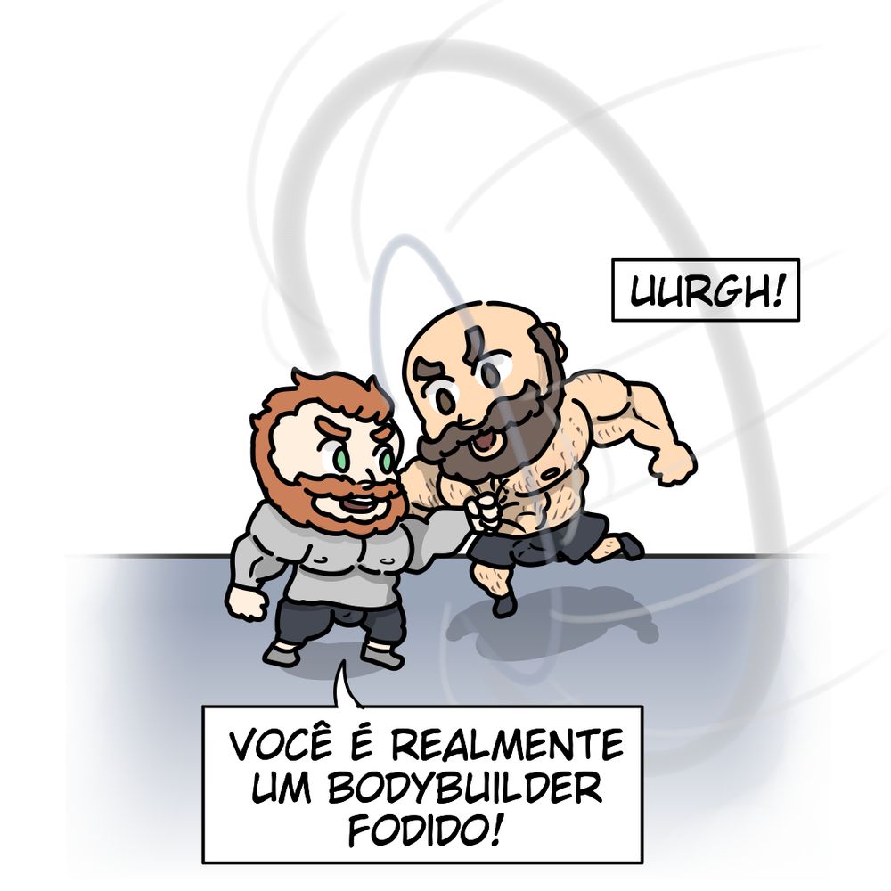 O fortão ruivo exclama: "Realmente você é um bodybuiler fodido!", enquanto dá um soco impactante na barriga do marombado. Ele solta um gemido de dor com o impacto.