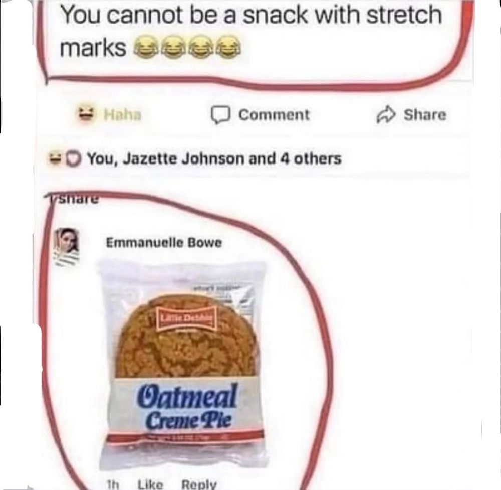 You cannot be a snack with stretch marks

Emmanuelle Bowe shares an image of a Little Debbie Oatmeal Creme Pie
With stretchmarks. 