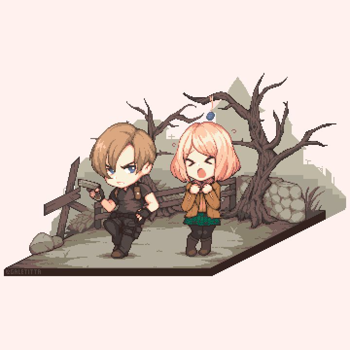 A pixel diorama illustration of Ashley and Leon from Resident Evil 4 in the starting area of the game.