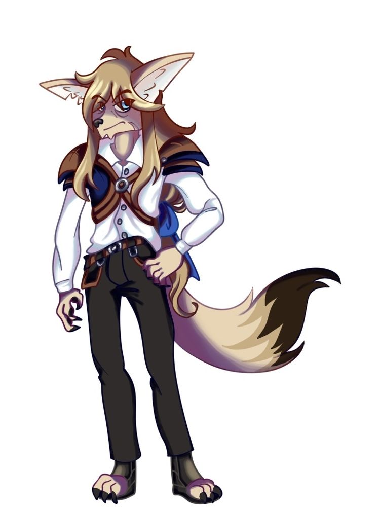 a fennec fox anthro with blue eyes, blond hair, white formal shirt, a blue and brown leather armor, black pants, and black toeless shoes.