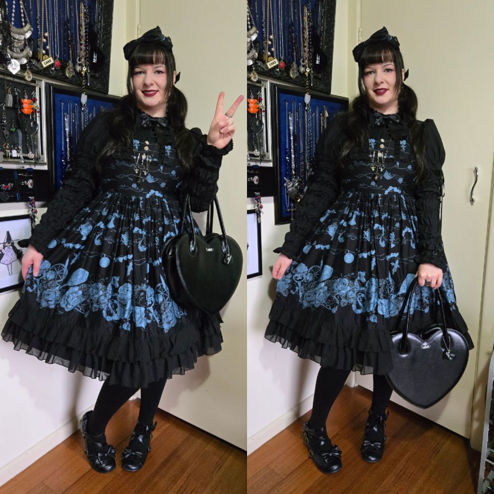 Two pictures in one of a woman (me) showing off her black and blue egl outfit 