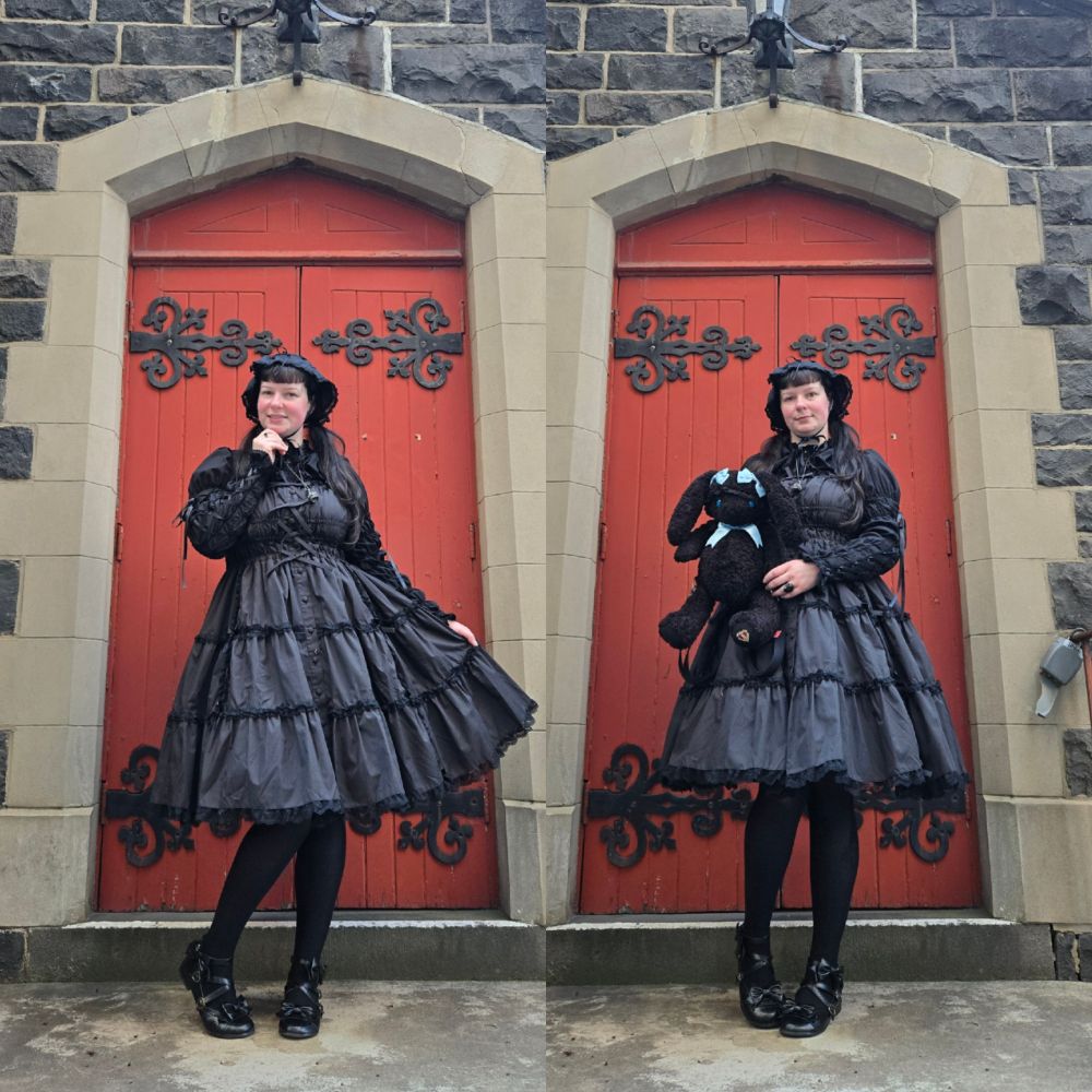 Two images combined into one, both of a woman (me) showing off her all black egl outfit