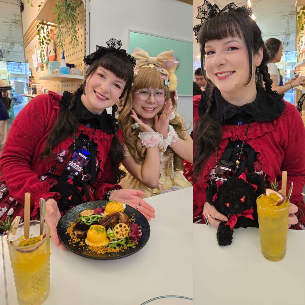 Two images put into one
Image on the left shows two woman smiling at the camera, one holding a plate of food. 
Image of the left is one woman smiling at the camera, holding a Kuma kumya plush and posting with her drink 