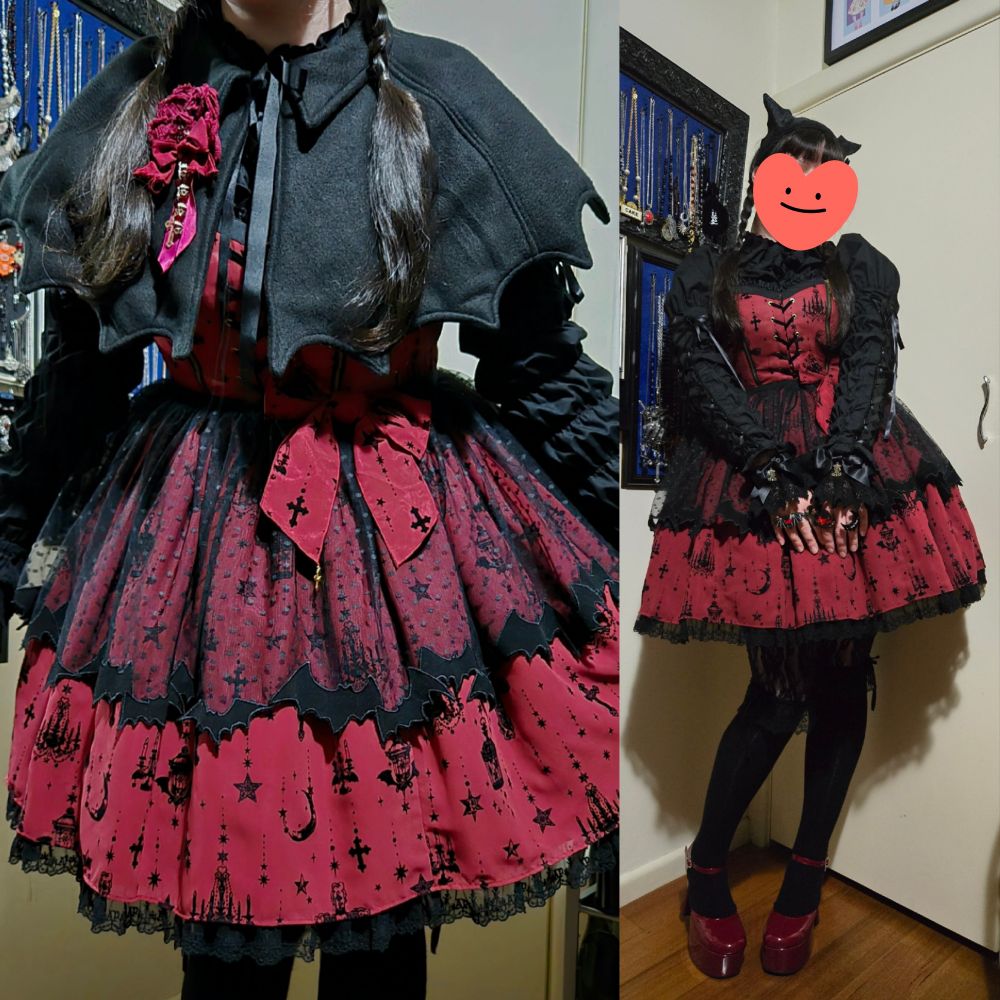 Two images combined into one, on the right a woman (me) is posing, showing off her red and black egl outfit. 
On the left, it's a close up of the outfit, framed from the bottom of the skirt to the neck.