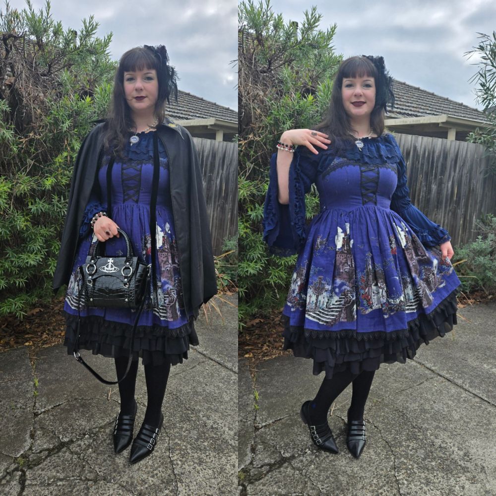 Two pictures in one, both of a woman (me) posing, showing off her outfit. 
On the right I'm wearing a blue dress and blouse, and on the left I'm wearing the same outfit while holding my handbag and also I have a cloak draped over my shoulders.