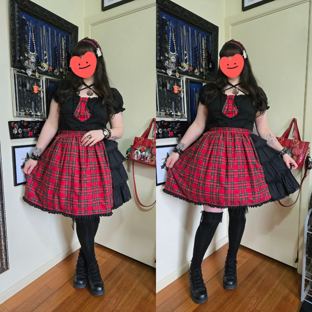 Two images combined into 1, of a woman (me) showing off her outfit. 
In the background there are some frames with jewellery hanging off of them. 
I'm wearing a black and red outfit 