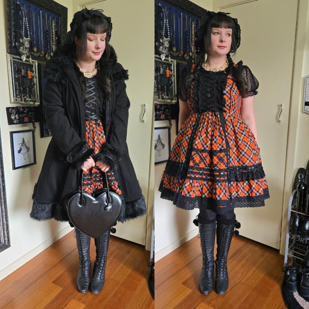 Two images combined to one of a woman (me) showing off her outfit, on the left she's wearing a black coat and holding a handbag. On the right the coat and handbag are removed to show her orange tartan dress. 
In the background you can see jewellery strung up on the wall