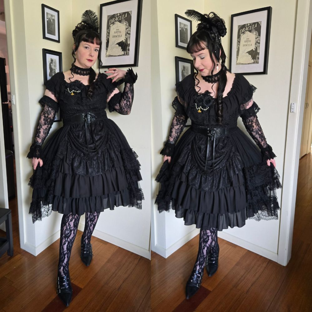 Two images put into one, both of a woman (me) posing in her black, lacy egl outfit 