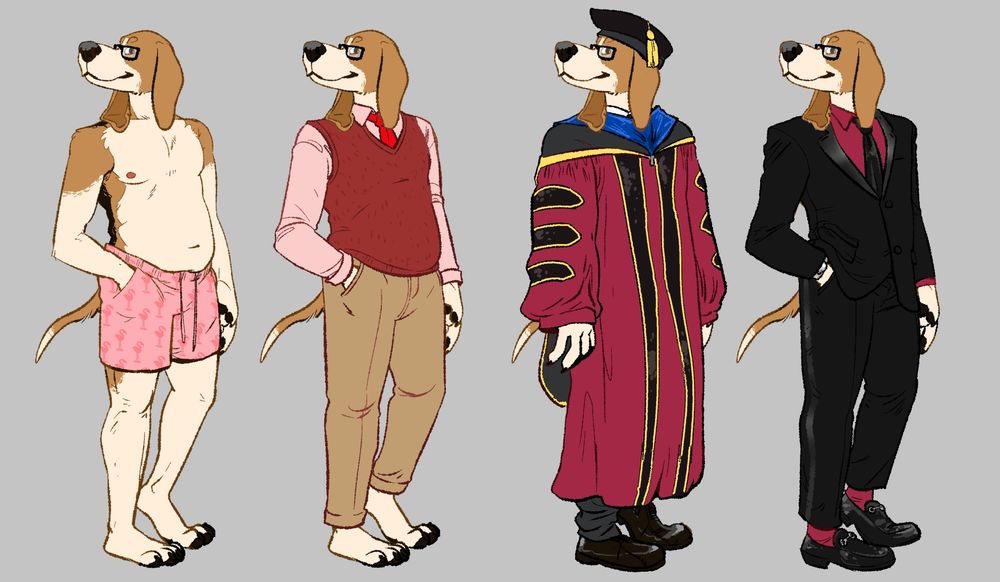 Four versions of Professor Scritch, an anthropomorphic beagle, each wearing a different outfit. From left to right: Scritch in just pink boxers; Scritch in his typical academic attire, which includes a pink shirt, red tights, maroon vest, and khaki pants; Scritch in a doctoral graduation robe with cap and tassel; and finally, Scritch dressed for business in a sharp black suit, deep red tights and socks, and a black tie.