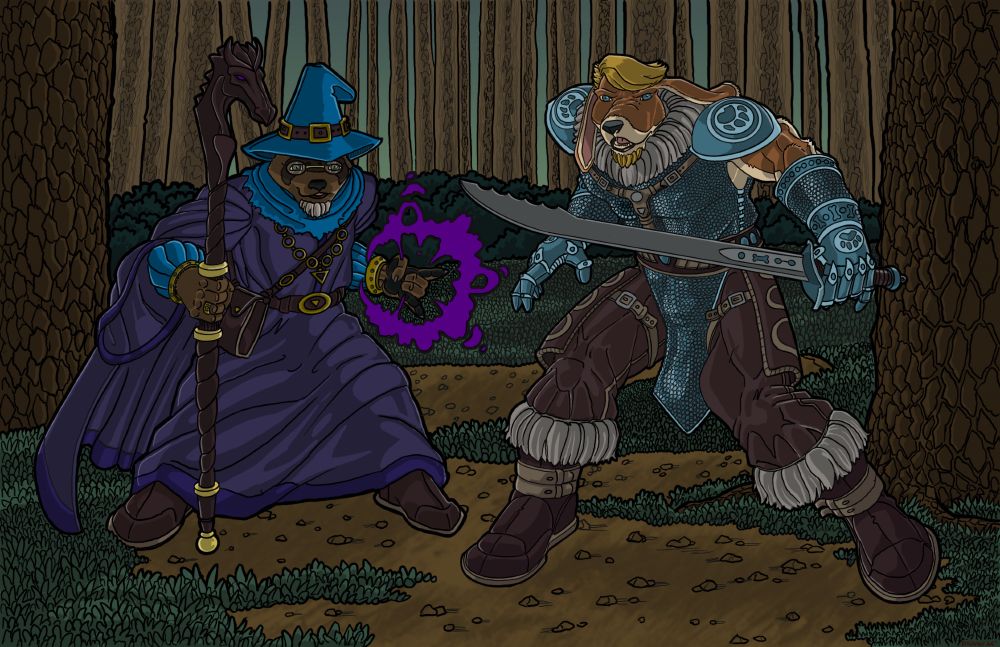 Furry Art: An anthro ferret warlock in purple robes stands beside an armored anthro beagle ranger in a forest. The ferret is casting a spell with one hand and holding a staff with the other, while the beagle stands alert with a large sword drawn.