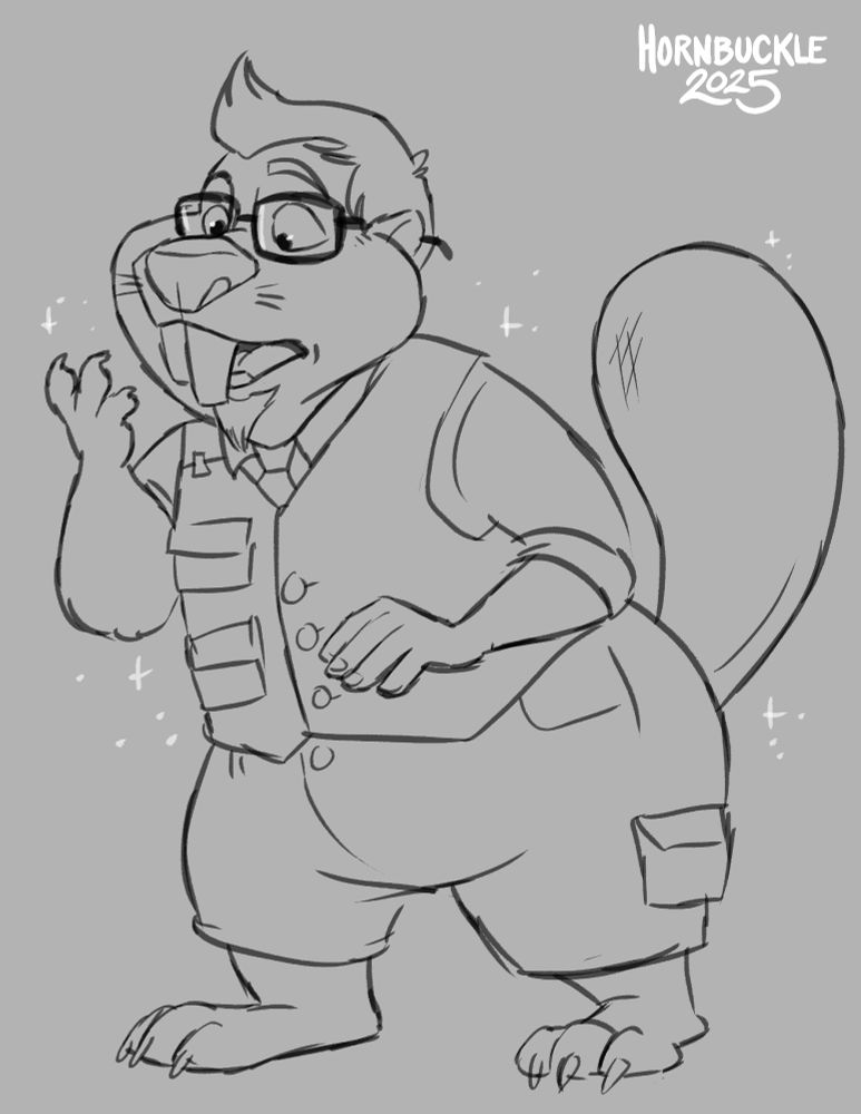TF Sketch: A picture of Professor Scritch with his mouth open wide, two large, asymmetrical beaver teeth jutting out. His ears are round and fuzzy, and a short muzzle is beginning to push forward from his face. He stares at his newly forming paw while a broad, flat beaver tail fans out behind him. His other hand and arm remain human for now. His clothes are shifting from his usual academic attire into the fishing vest and shorts worn by Nibbles Maplestick from Zootopia 2.